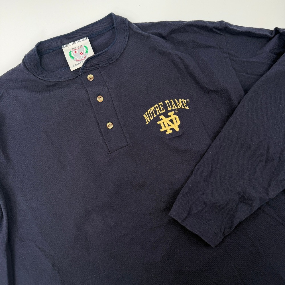 Vintage Notre Dame Henley Shirt Mens Large Navy Blue Long Sleeve USA Made TD